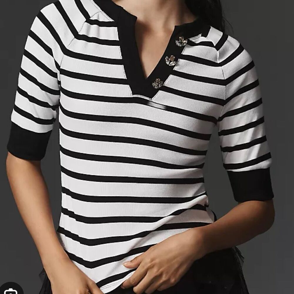 NWT Anthropologie Maeve Striped Ribbed Half Sleeve Henley Top Black White XS